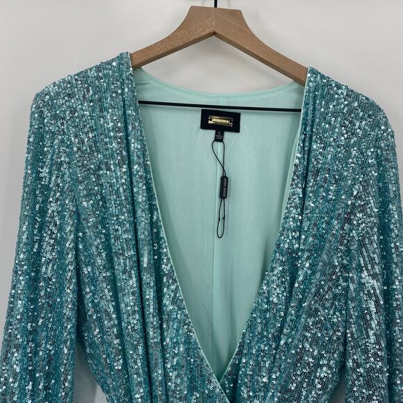 Alexia Admor Sequin Mini Wrap Dress Long Sleeve Tie Waist Mint Blue Womens L - Picture 4 of 10